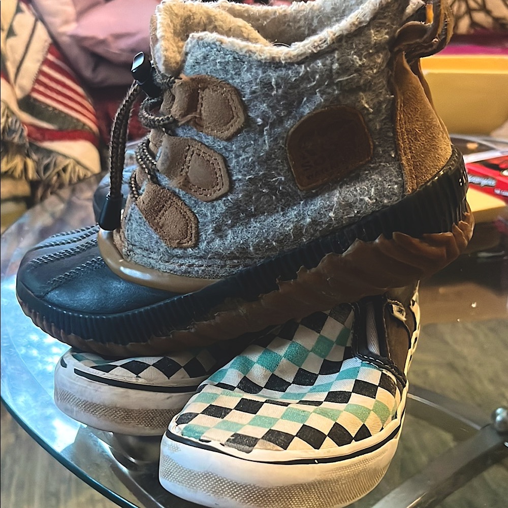 Kids size 2 vans and Sorel winter boots bundle
